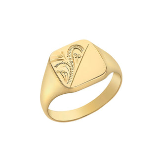 9K Yellow Gold Patterned Square Signet Ring