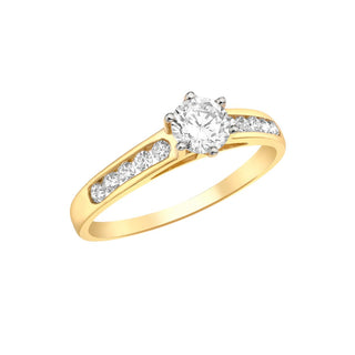 9K Yellow Gold Round Solitaire CZ With CZ Shoulder Ring