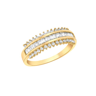 9K Yellow Gold Round & Baguette CZ Triple-Row Track Ring