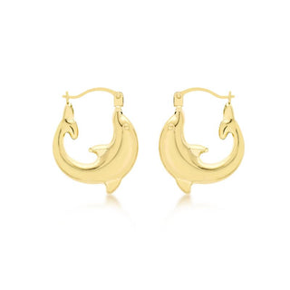 9K Yellow Gold 16mm x 19mm Dolphin Hoop Creole Earrings