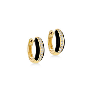 9K Yellow Gold Black Enamel Diamond Hoop Earrings