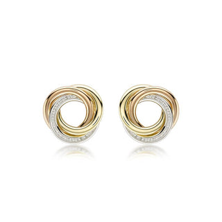 9K 3-Tone Gold CZ 12.5mm Linked-Rings Stud Earrings