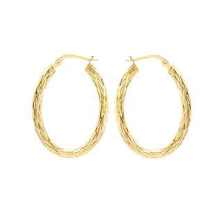 9K Yellow Gold Patterned Oval Creole Hoop Earrings