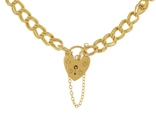 9K Yellow Gold Heart Lock Charm Bracelet 7"
