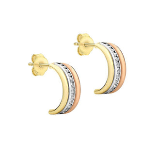 9K 3-Colour Gold CZ Half-Hoop Earrings