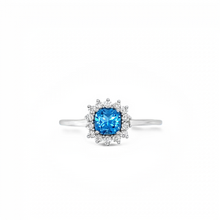 9ct White Gold Blue Topaz & Diamond Halo Ring