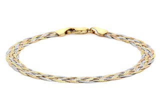 9K 3 Colour Gold 6 Strand Woven Herringbone Bracelet 7"
